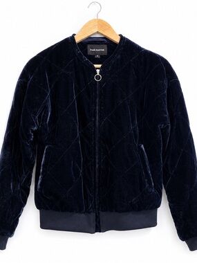 Frank & Oak Quilted Velvet Bomber in Navy